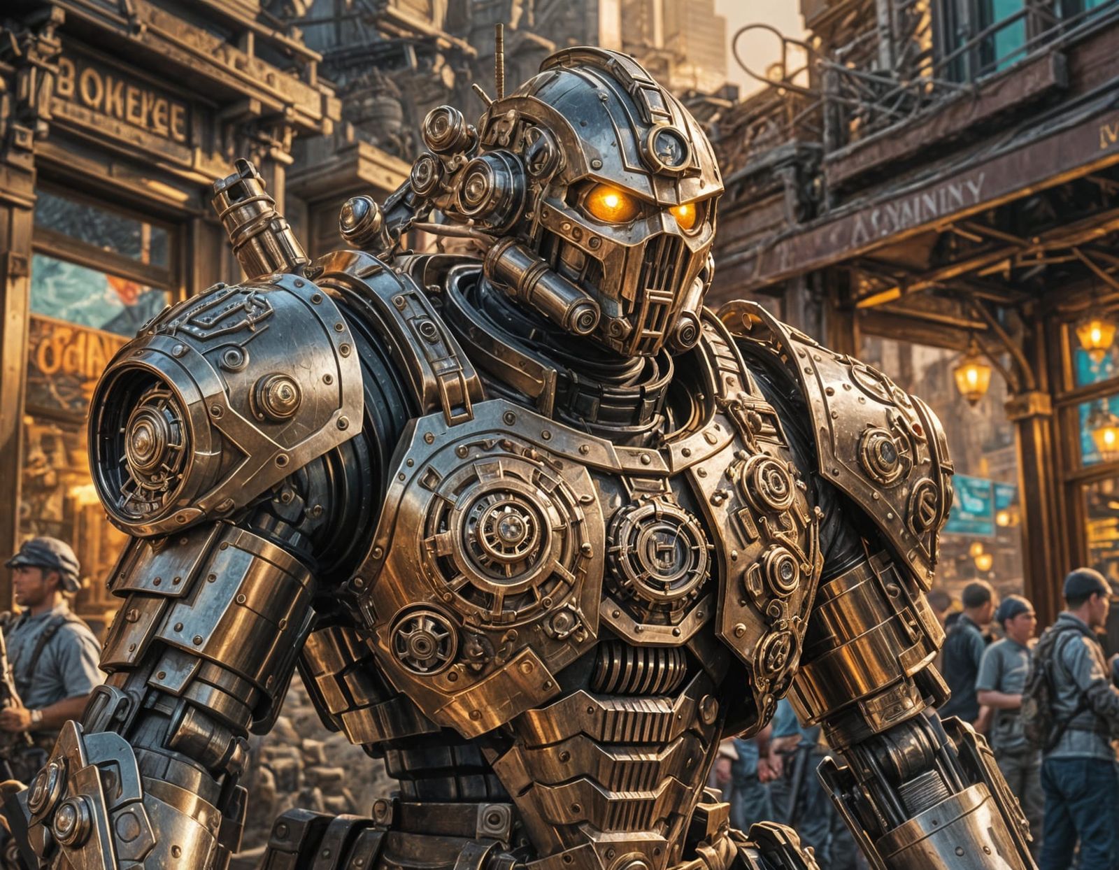 Stampunk mechanical soldier prepares for battle against is mortsl enemy ( Megatron) Hyperrealistic, splash ...  by @Brian