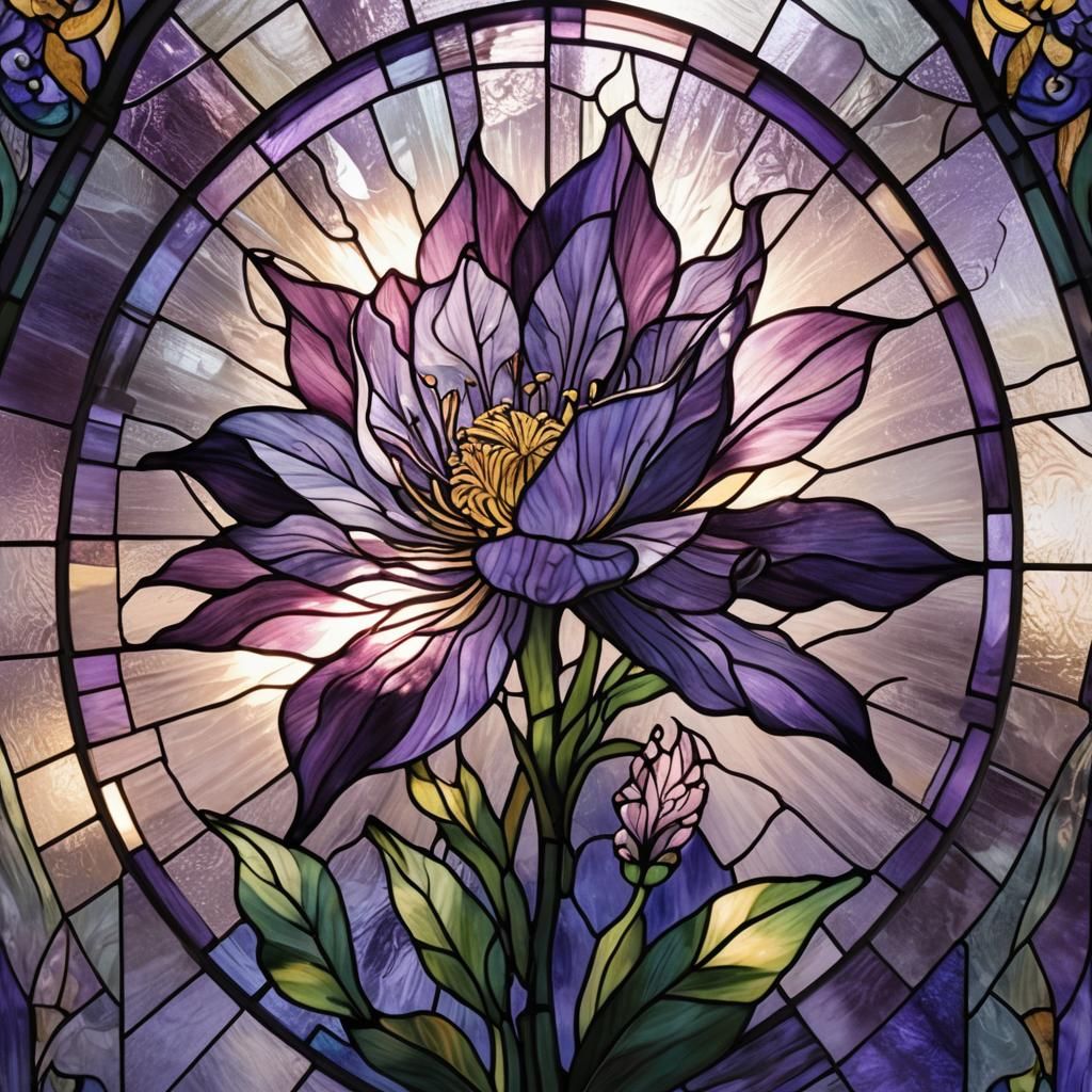 A realistic detailed stained-glass-window depicting a beautiful purple shimmering flower. The sunlight ...  by @undefined