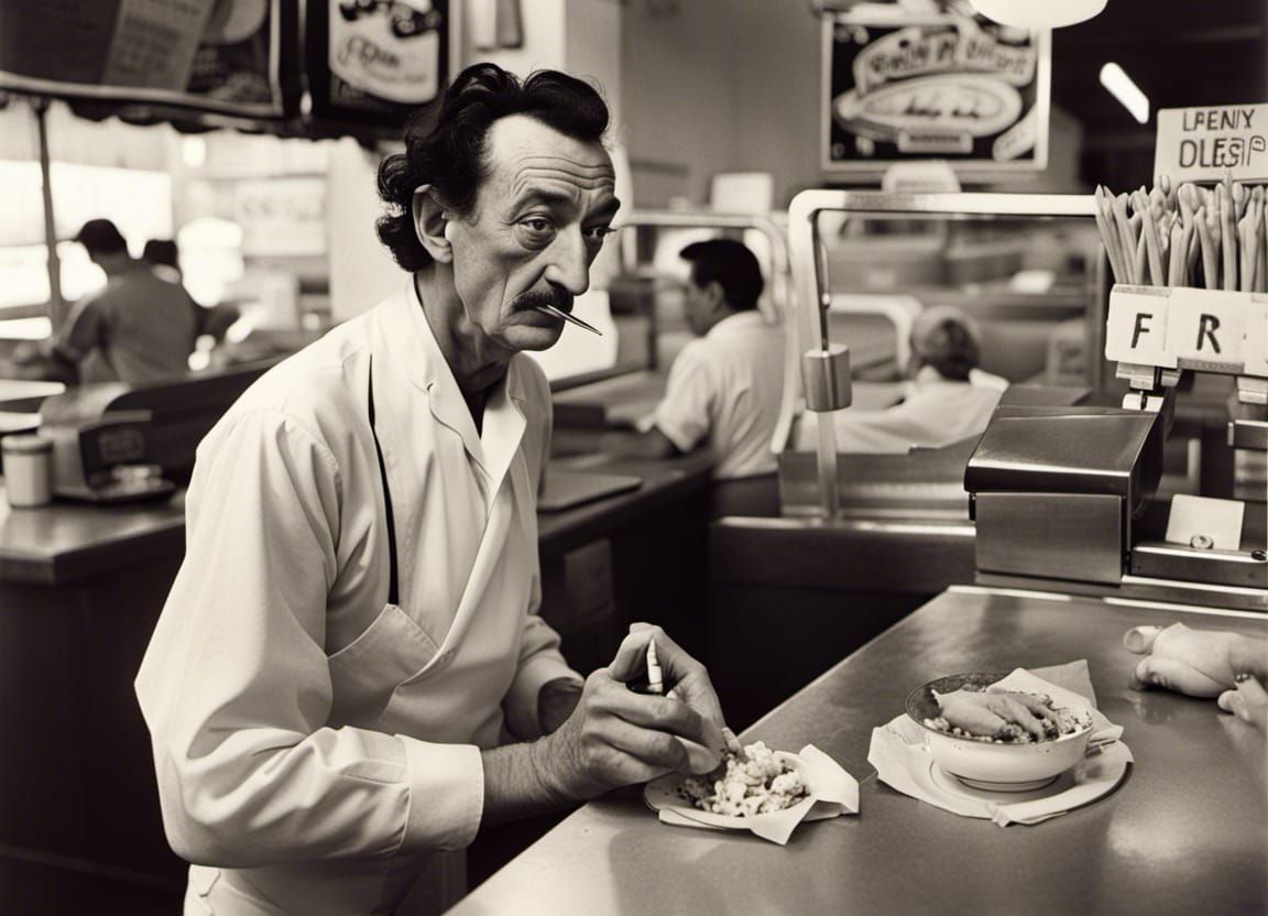 Salvador Dali working at a fast food restraunt  by @Doc