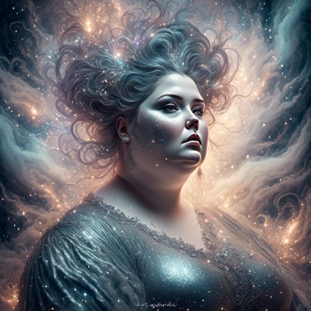 <lora:Glitter sparkle star:1.0> Goth fat woman's portrait, electrical sparkles, silvery smoke, misty, glitter, sparkle, luminescence, lights...