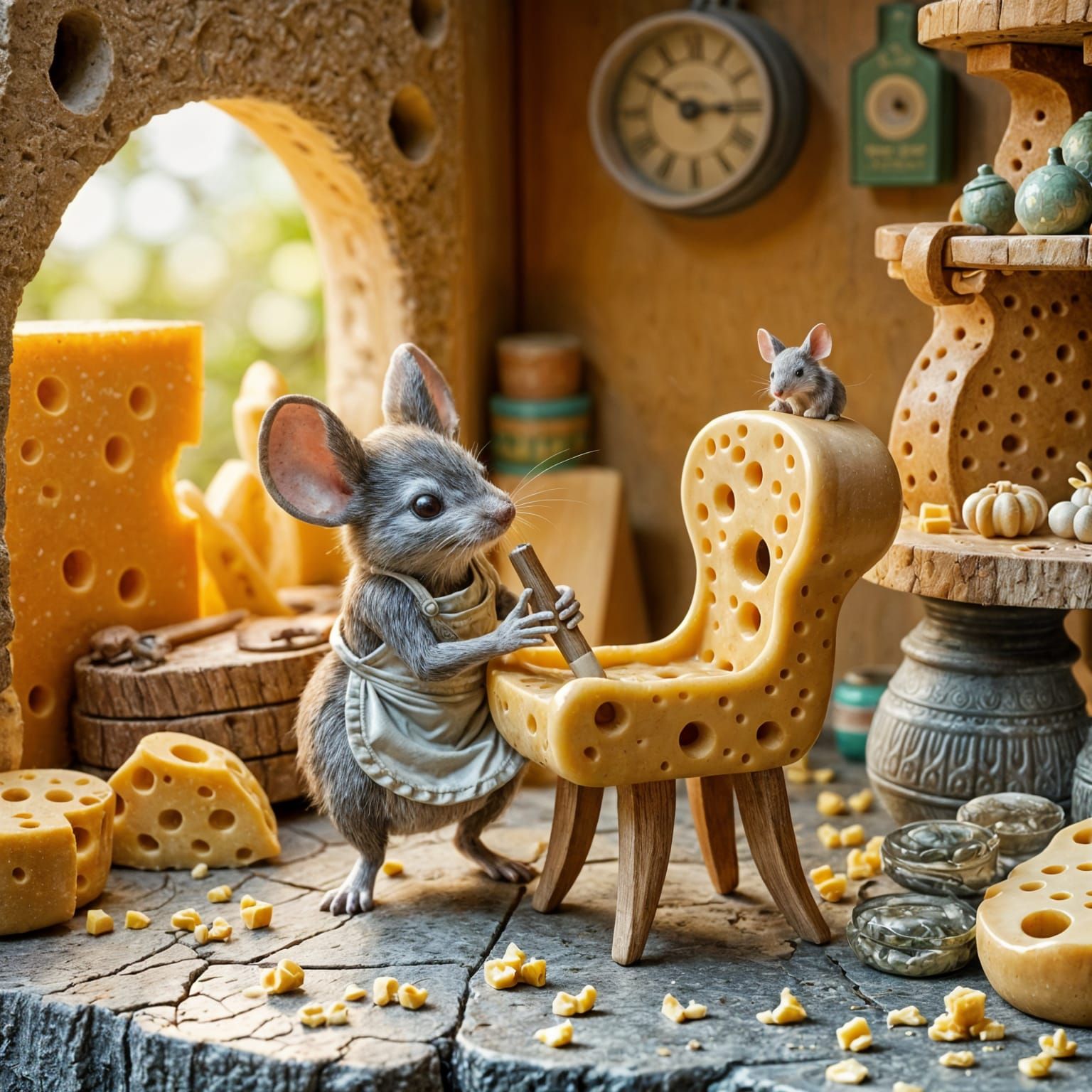 A cute whimsical mouse, adorned in a miniature sculptor's apron, sits at a cheese-shaped workbench, meticulously ...  by @Christine Gauthier
