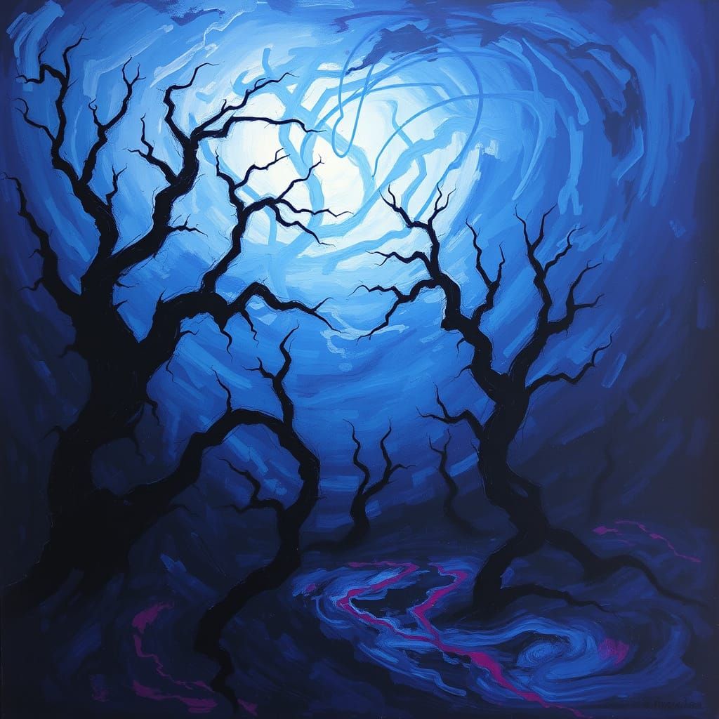 Ethereal Nightmare Landscape in Dark Blues and Purples
