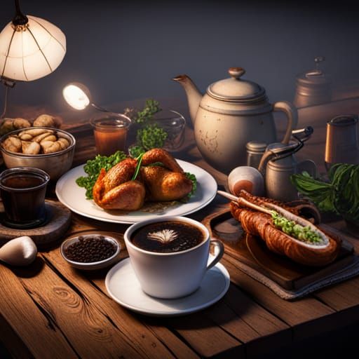Table with food and chicken on it and coffee