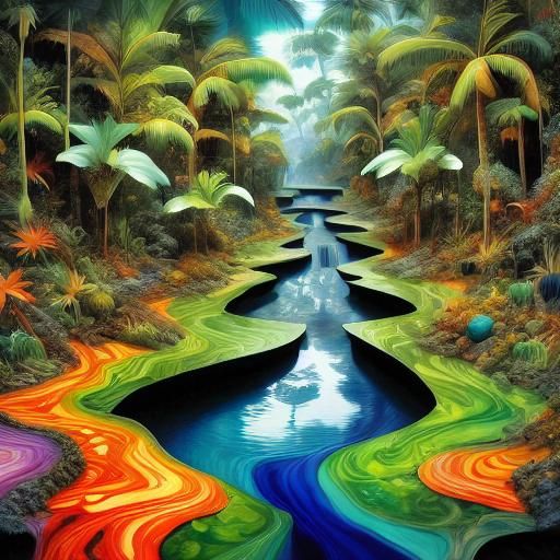 Tropical rainforest :: Marbling, fractals, 3d :: extra sharp focus <lora:3D Fractal Splash:1.0> 