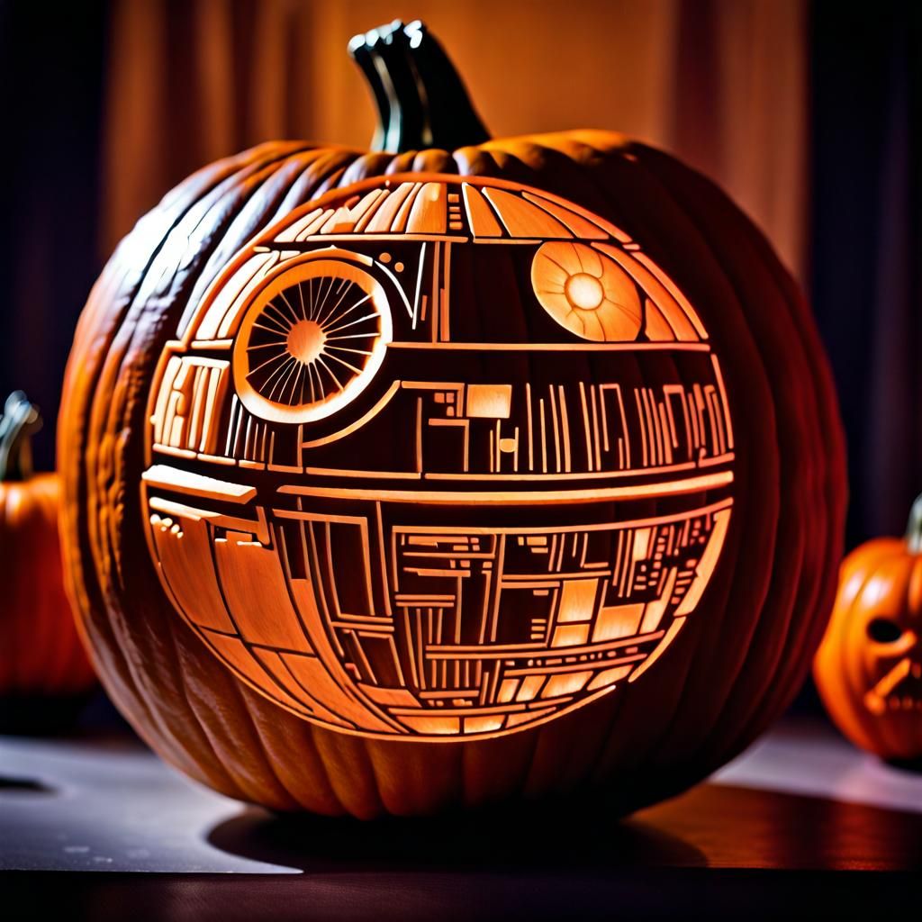 star wars death star design carved on pumpkin, halloween decorations, house orch, Professional photography, ...  by @ukimalefu