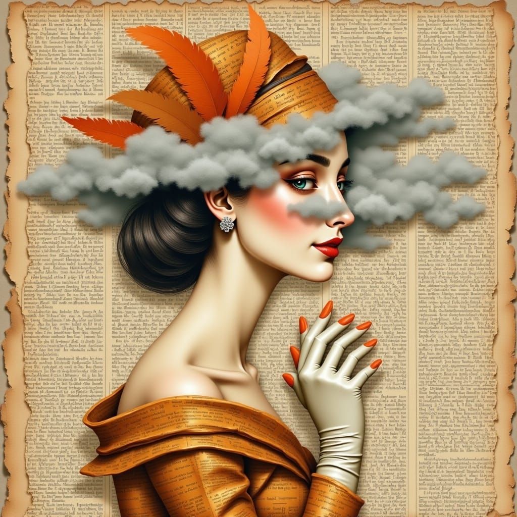 <lora:Mixed Media blending:1.0>An illustration of a beautiful elegant retro lady with gloves and a hat is made entirely of blended vintage n...
