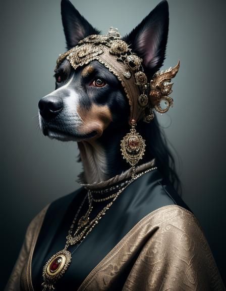 A dog woman with dog head,face and eyes dressed in extravaga...