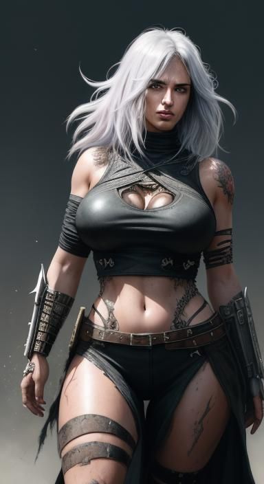 Mad max style is punk queen. Exagerated large boosom, Extrao...