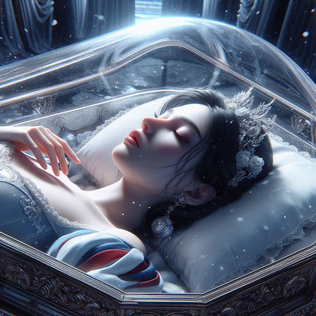 Snow White encased in a glass coffin