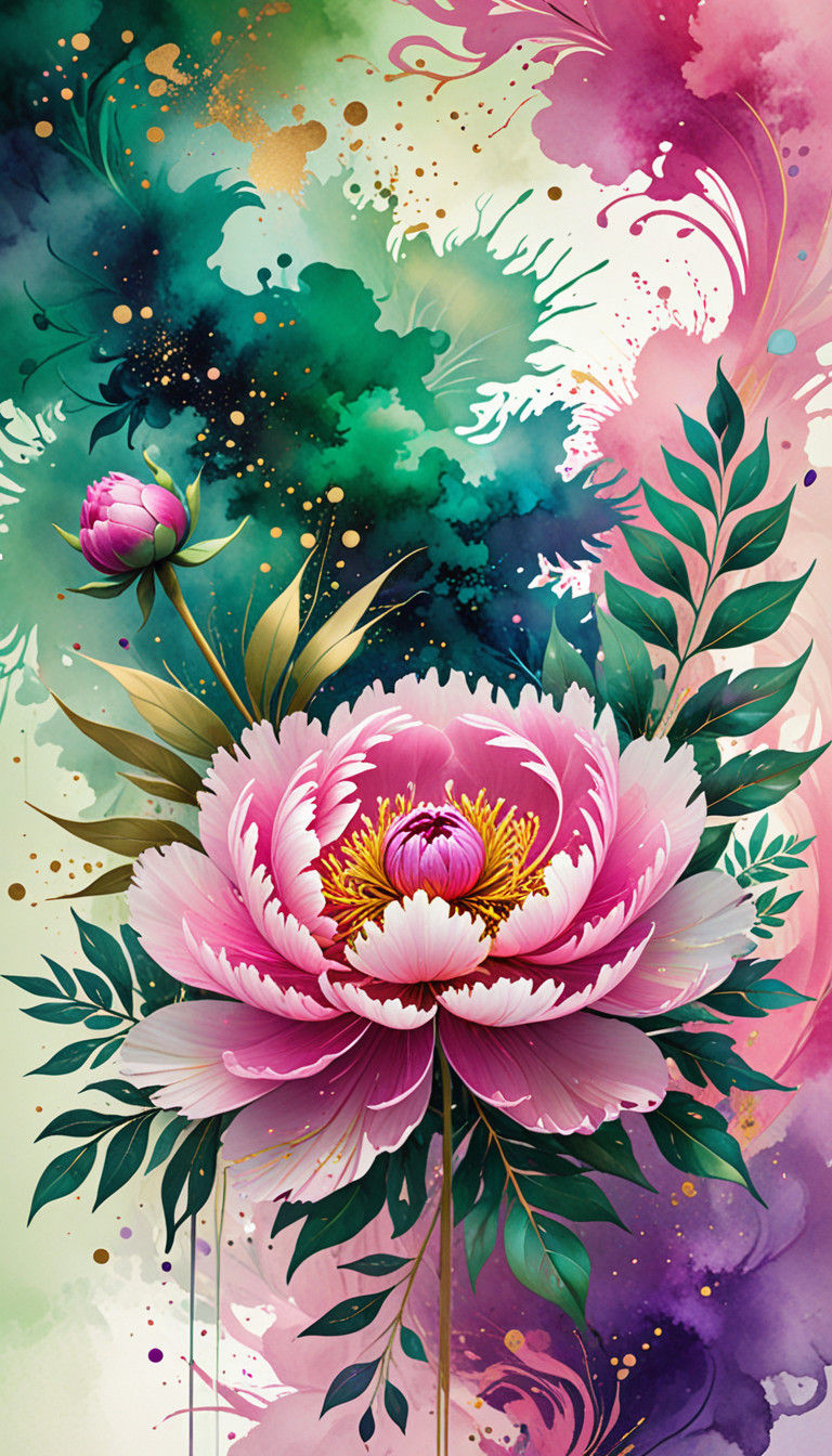 Vibrant Pink Peony Watercolor Wallpaper in Abstract Style