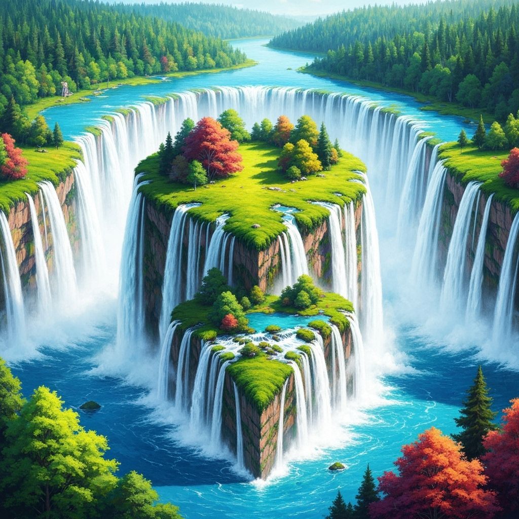 Surreal Circular Waterfall: Epic Impressionist Landscape