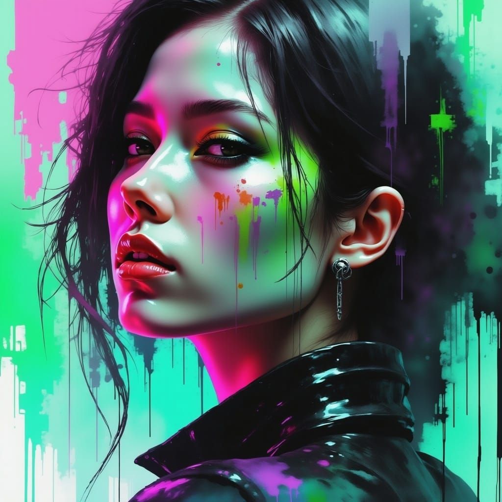 <lora:Afterlife:1.0>; 8k; a stunning photo realistic grunge painting; dtstopian futuristic high teck cyberpunk womans face; colorful tones;...