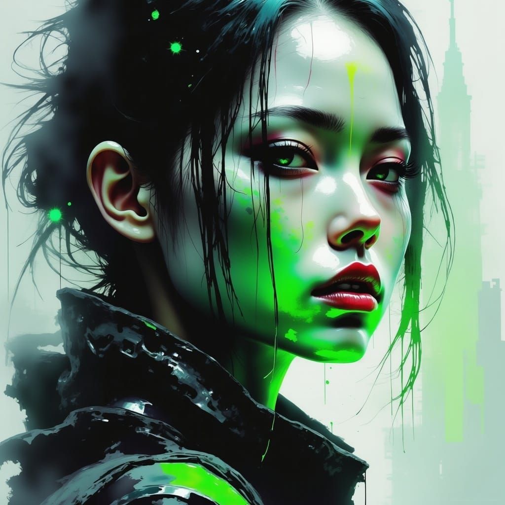 <lora:Afterlife:1.0>; 8k; a stunning photo realistic grunge painting; dtstopian futuristic high teck cyberpunk womans face; colorful tones;...