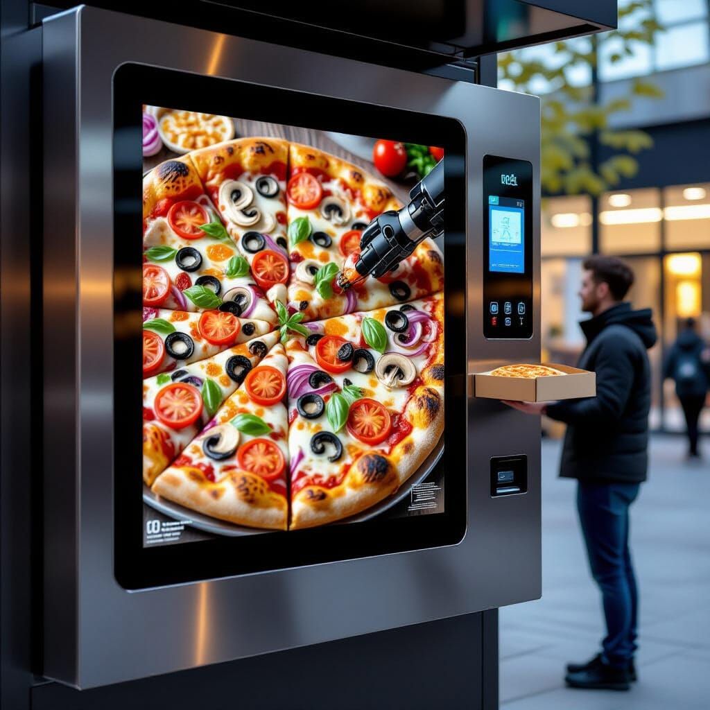 Futuristic Pizza Vending Machine with Robotic Arm