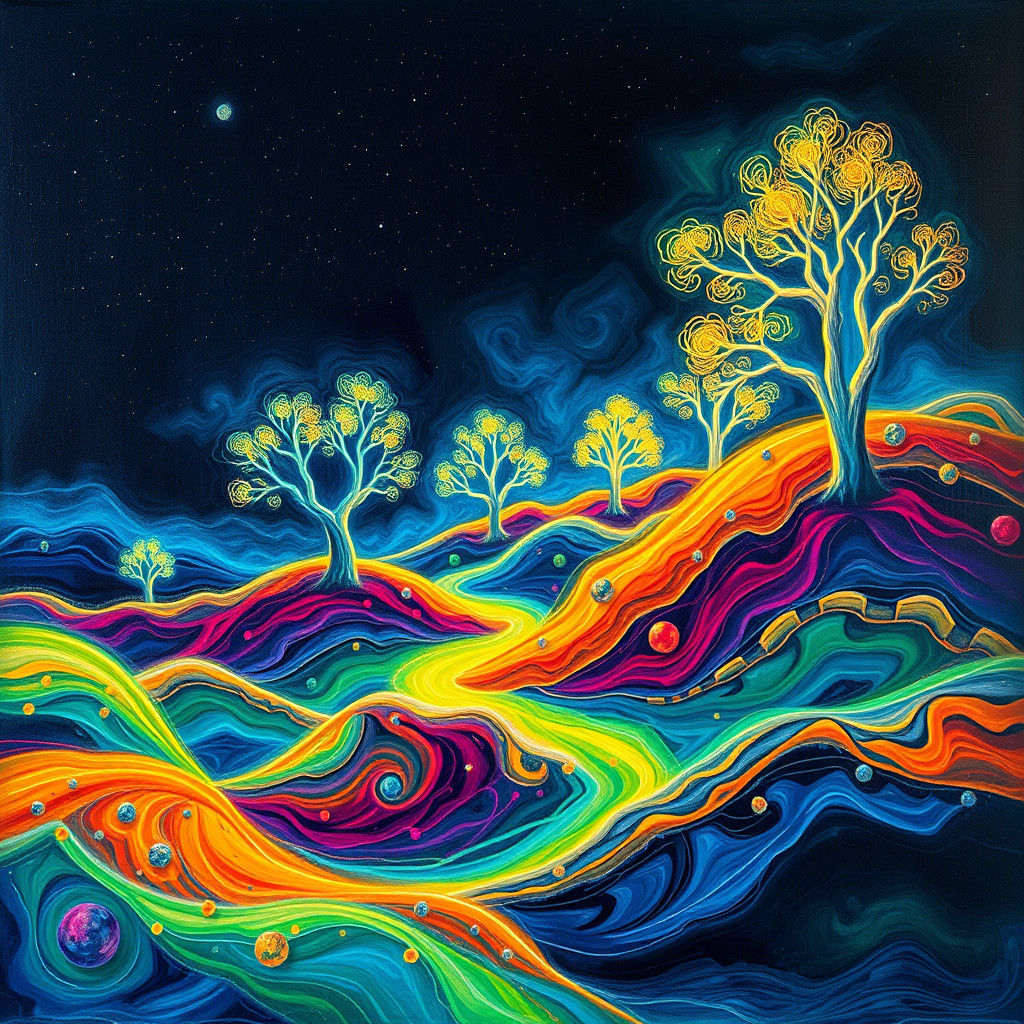 A surreal landscape of luminous shapes
