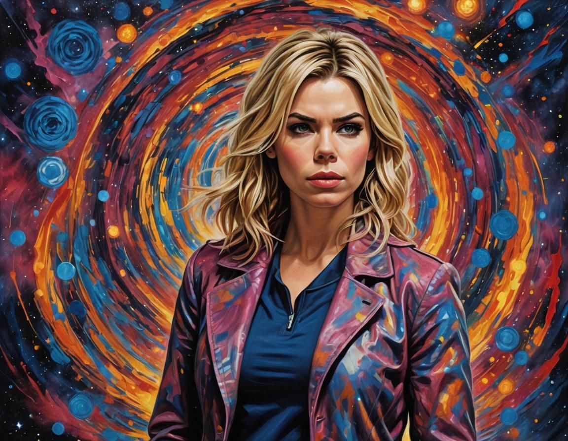 (BILLIE PIPER AS ROSE TYLER DOCTOR WHO COMPANION WITH TARDIS IN TIME VORTEX NEBULOUS IN SPACE IMPASTO PALLETTE KNIFE BRU...