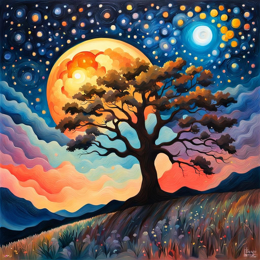 Tree at night, Milky Way and moon