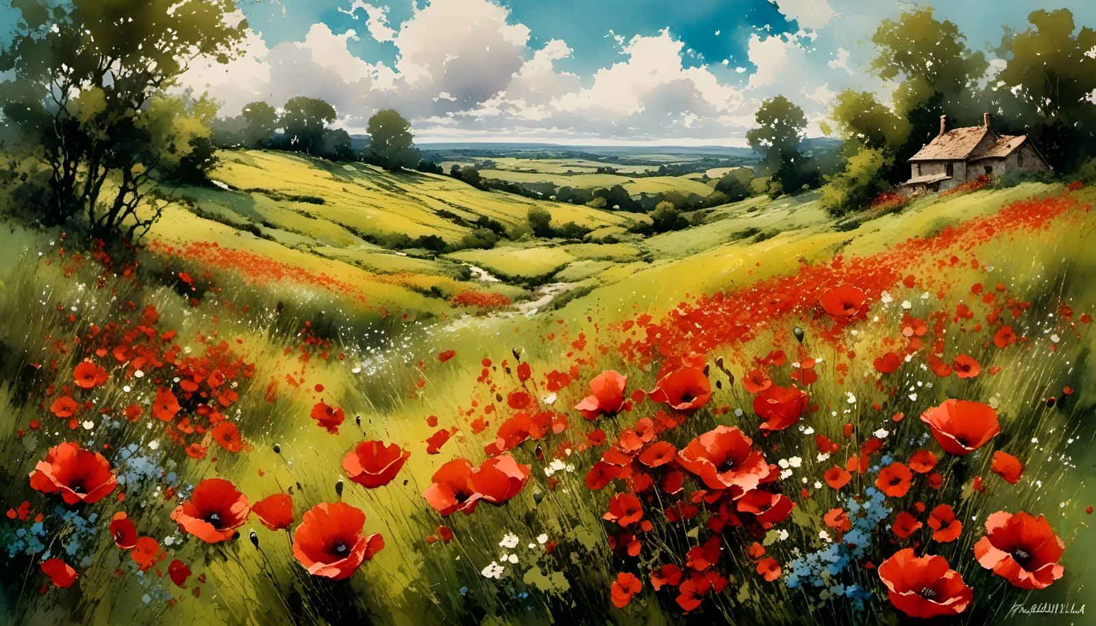 <lora:Mimibairs:1.0> "A picturesque scene with a large, ethereal cloud made entirely of delicate red poppies, floating gracefully above a tr...