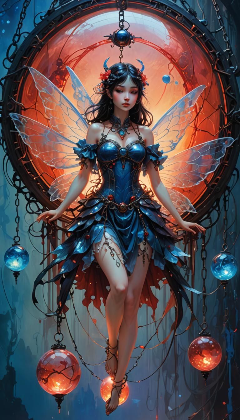 A delicate fairy with translucent wings floats on a chain, her dark hair and mechanical elements glowing under a red sun-like orb. A blue or...