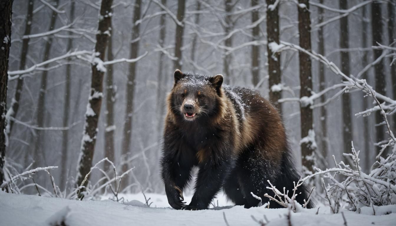 A Wolverine in a snowy forest.