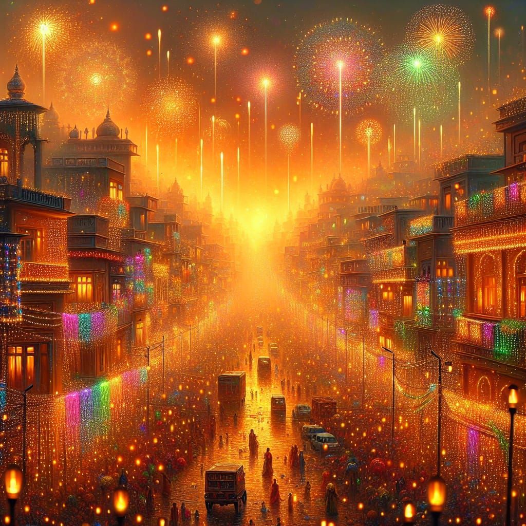 Diwali, on a street of Bangalore at sunset