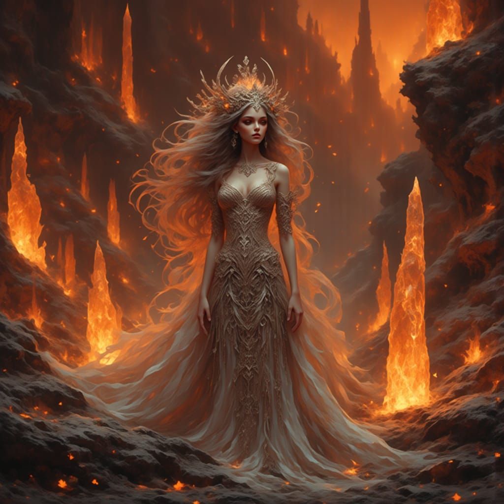 a woman is wearing a shimmering, long, and flowing gown. She is positioned standing and surrounding her are several tall, elongated crystall...