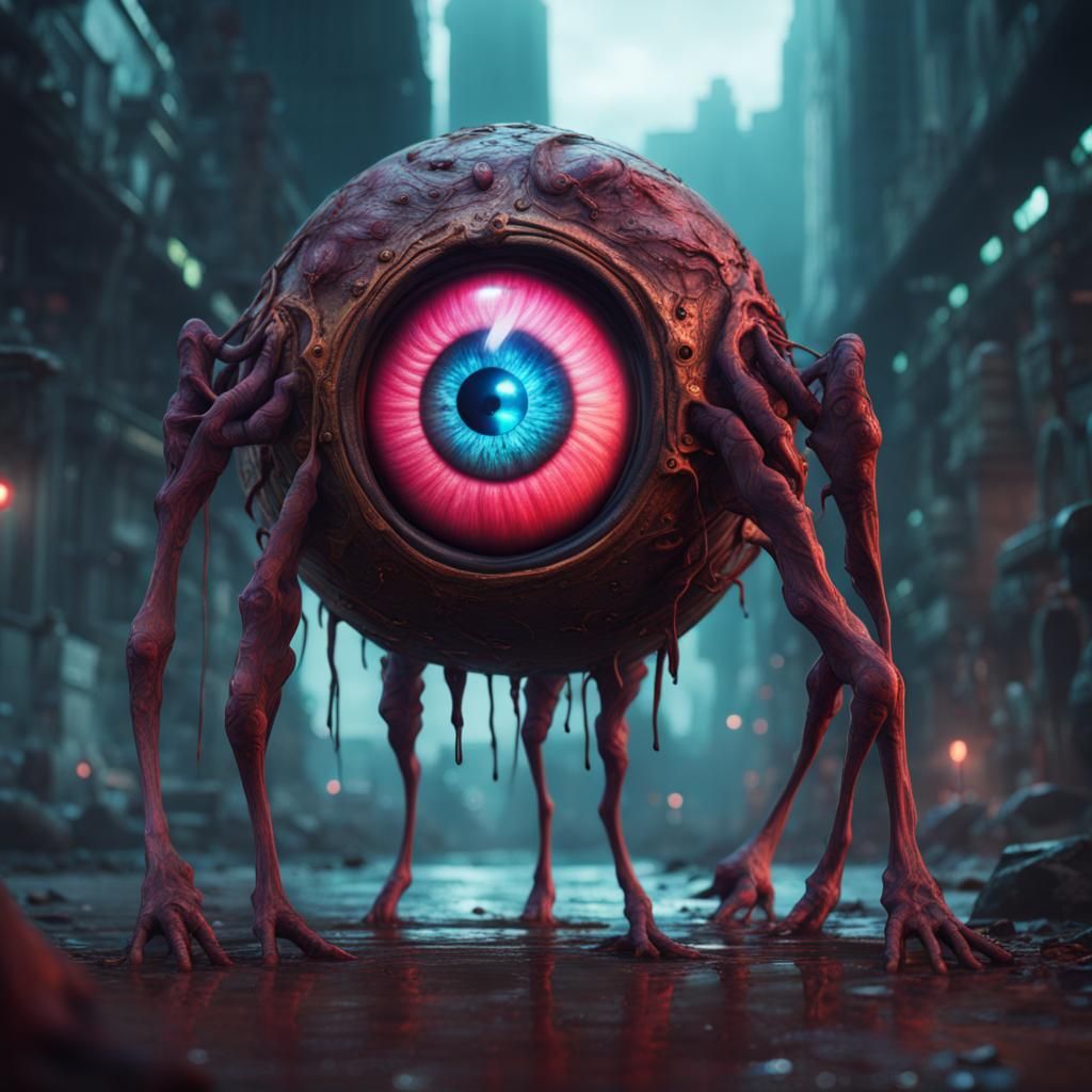 Giant eye ball on legs scary neon