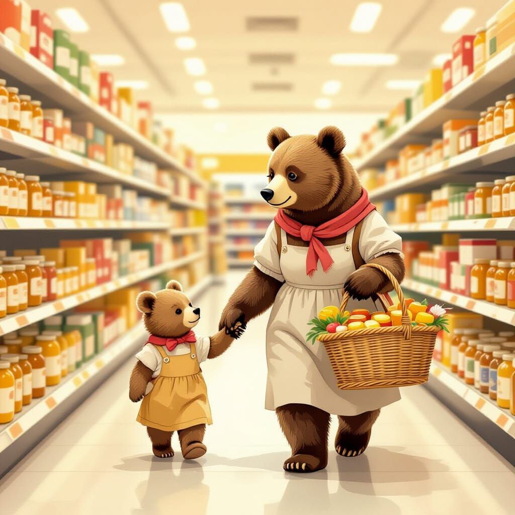 Mama Bear and Cub Shop for Honey in Supermarket