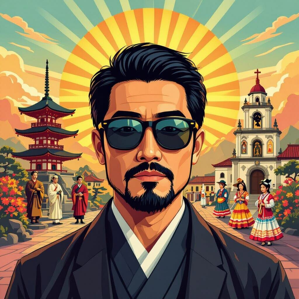 Un nikkei con lentes  oscuros yal centro de la imagen a ambos lados. En el izquierdo la cultura japonesa representada por un templo, un monj...