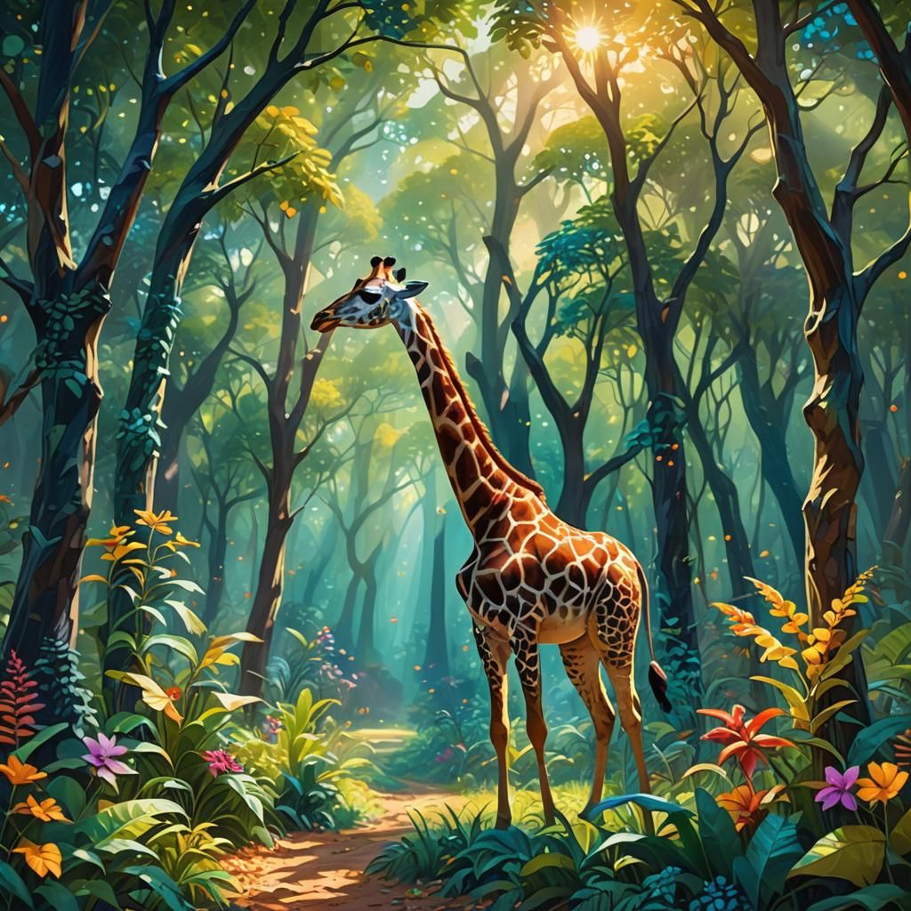 A serene giraffe wandering through a magical forest  by @Joseph