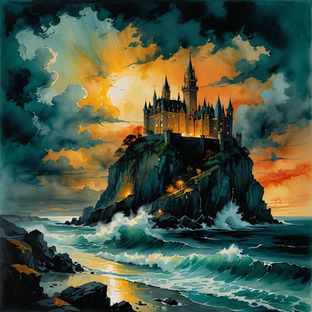Castle, a stormy, nocturnal maritime scene