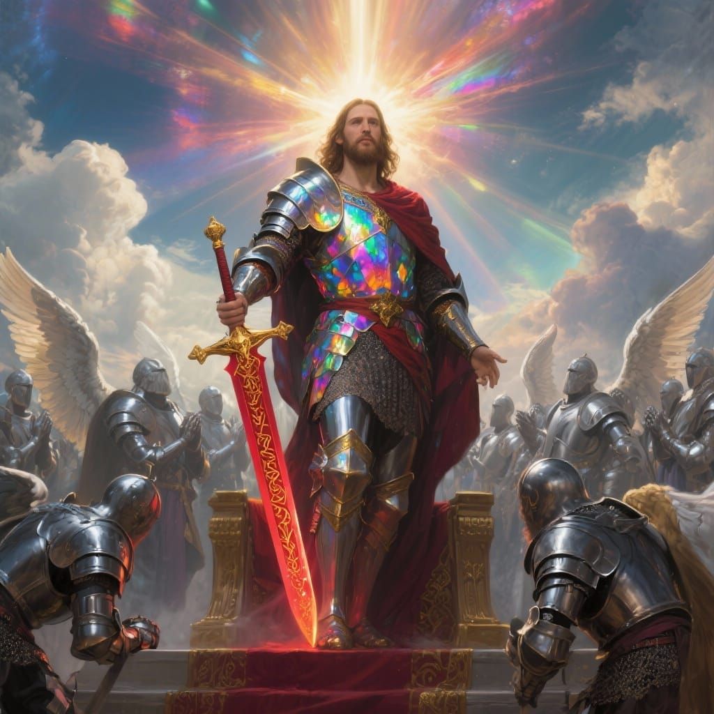 Jesus Christ as a warrior vivid opal armor, wielding a celestial red sword with gold engravings on the blade. His face is obscured by radian...