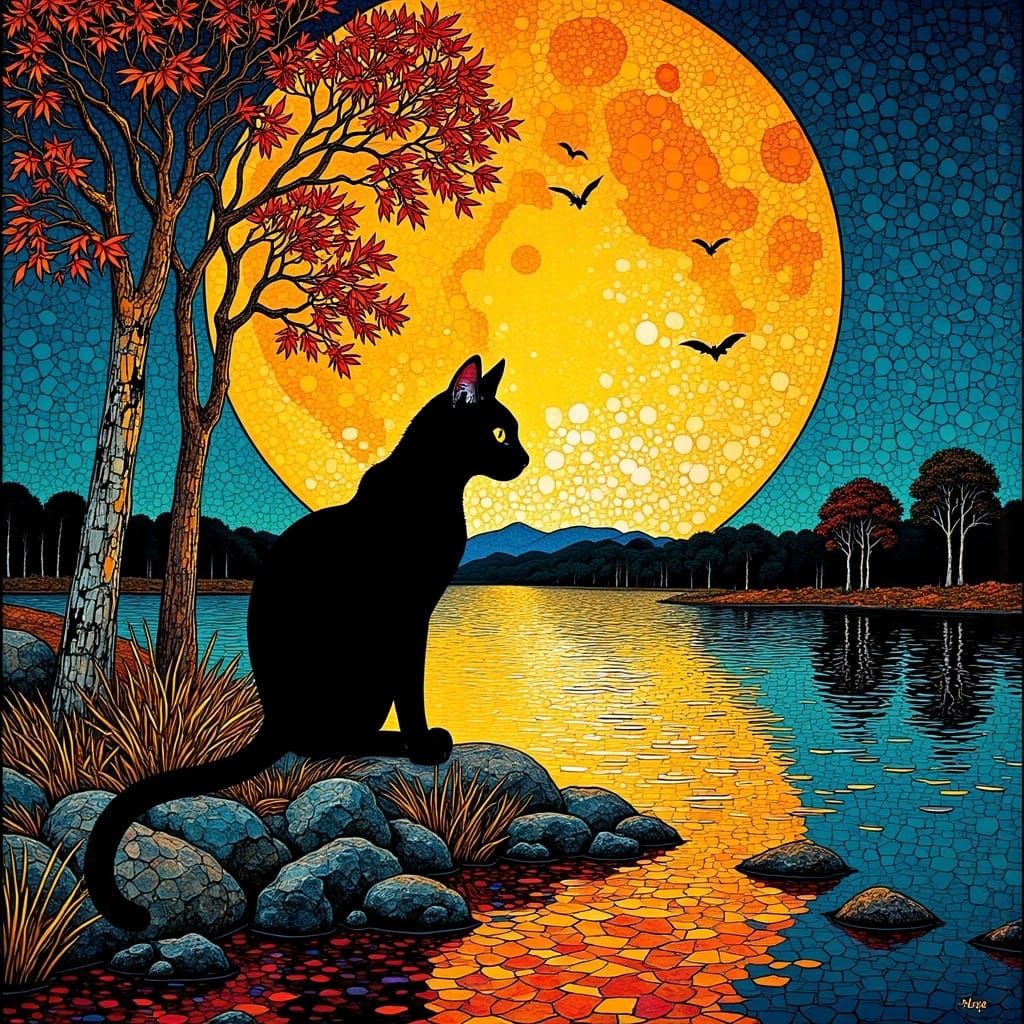 <lora:Bold:1.0> A huge full moon rises over still water where the silhouette of a cat stretches, Gustav Klimt patterns and styles, colourful...
