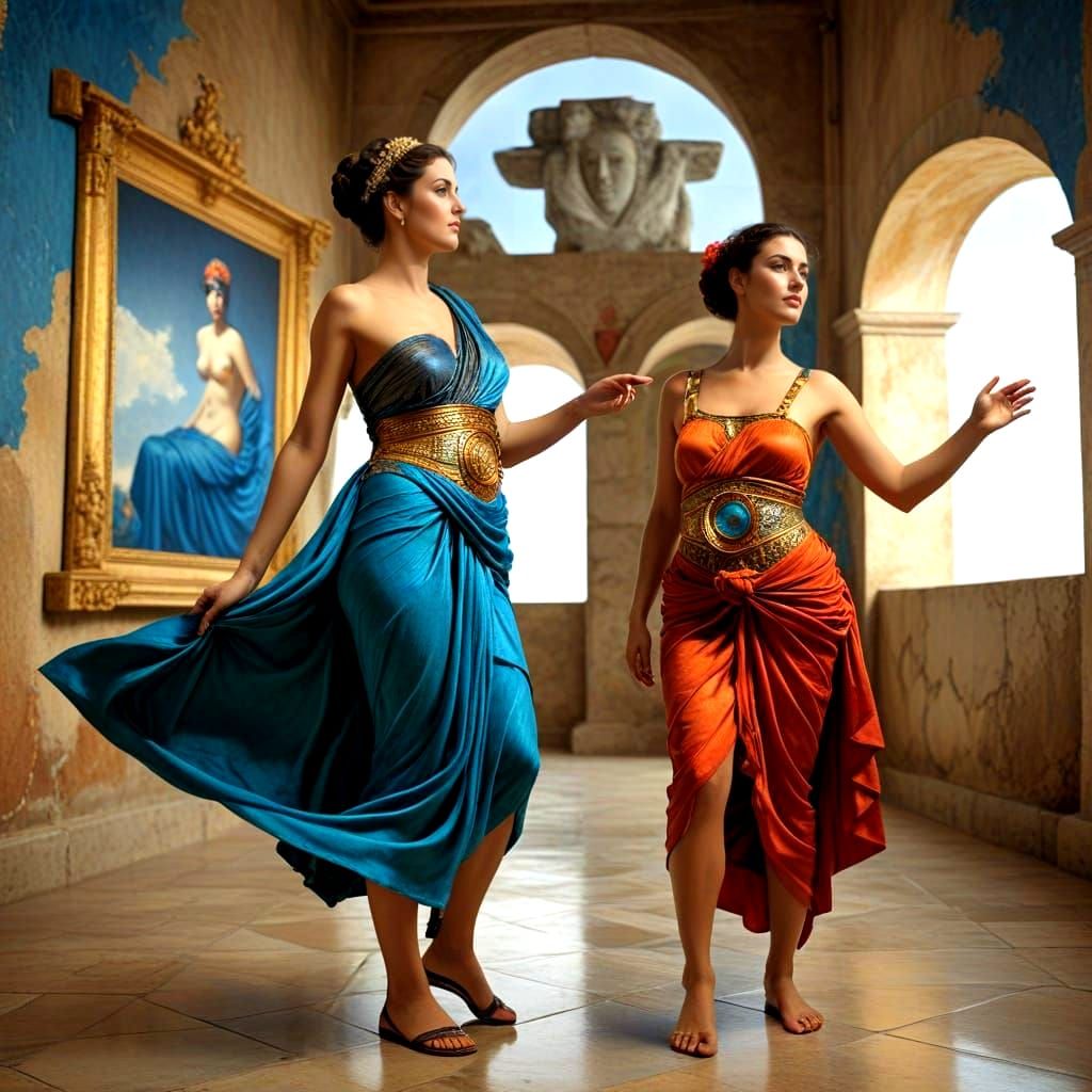 Two Ancient Greek Goddesses in Vibrant Togas, Ancient Greece