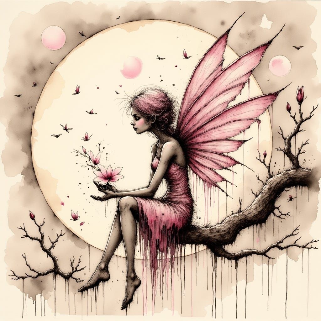 <lora:Ink:1.0> Black and sepia Ink, strong lines and strokes, crosshatching, scratchy. A beautiful ethereal fairy with delicate pastel pink...