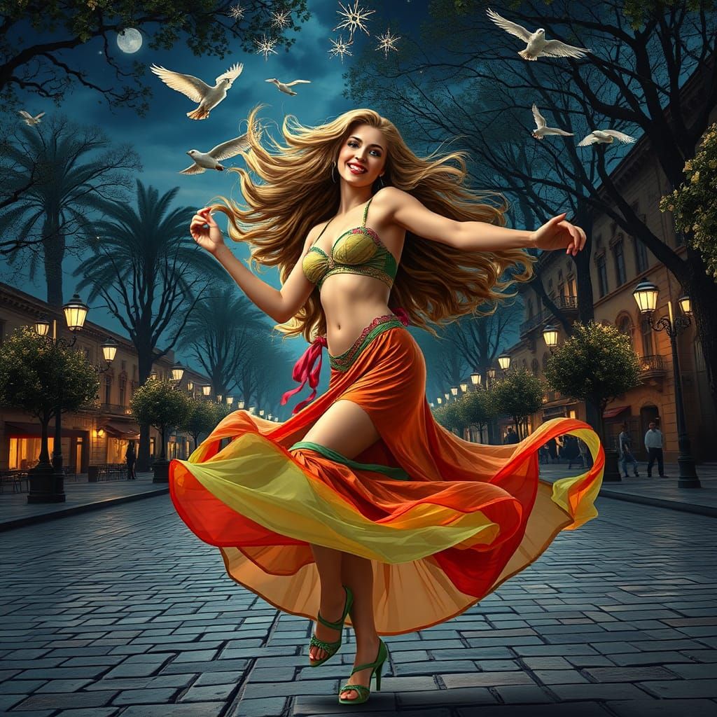 Dancing Pin-Up Woman in Vibrant Cyberpunk Style