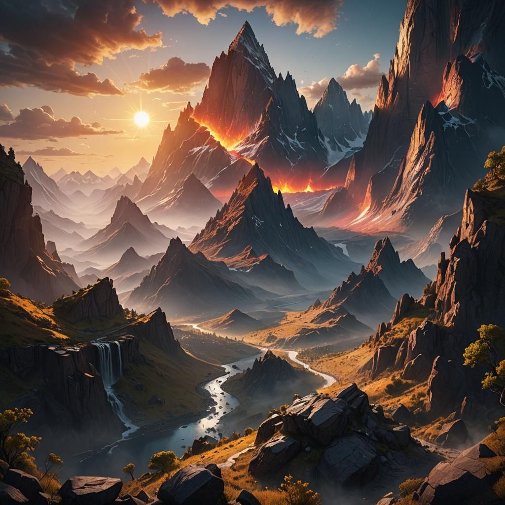 A sun rising between two mountains