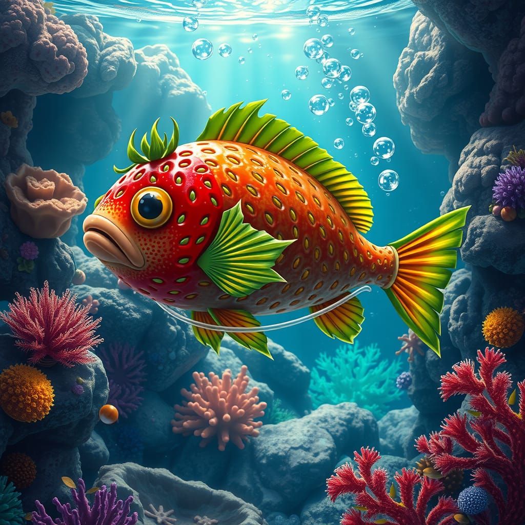 Strawberry Fish in Coral Reef, Detailed Matte Painting