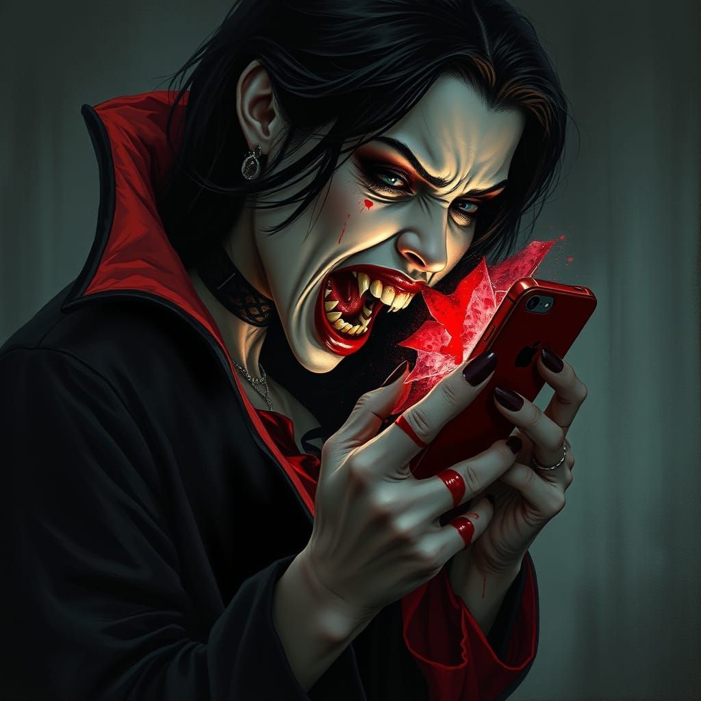 Kaasaegselt riietatud vampiir hammustab verist telefoni, kust verd voolab.  by @undefined