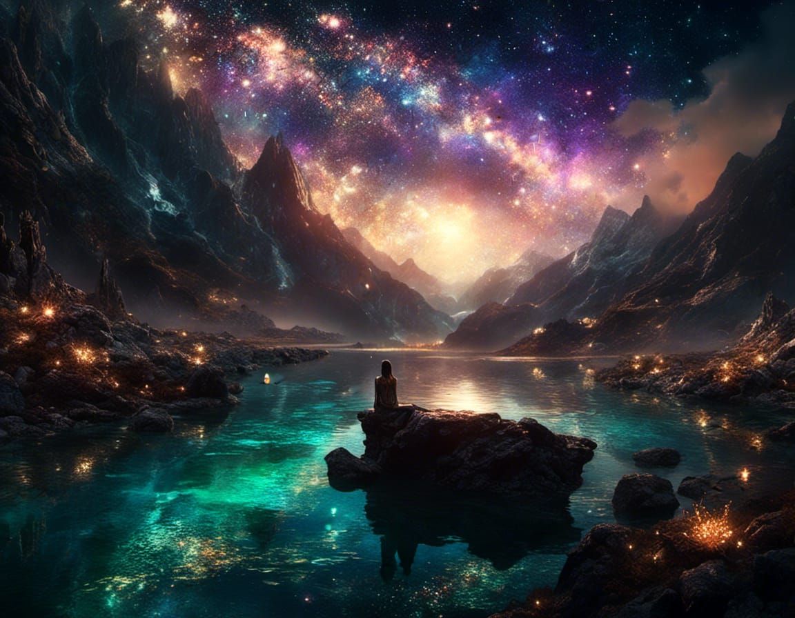 red gold black dark blue landscape, over the river, midnight mountain