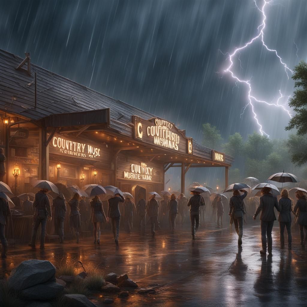 Country music awards outdoors in the rain and lightning  lot...