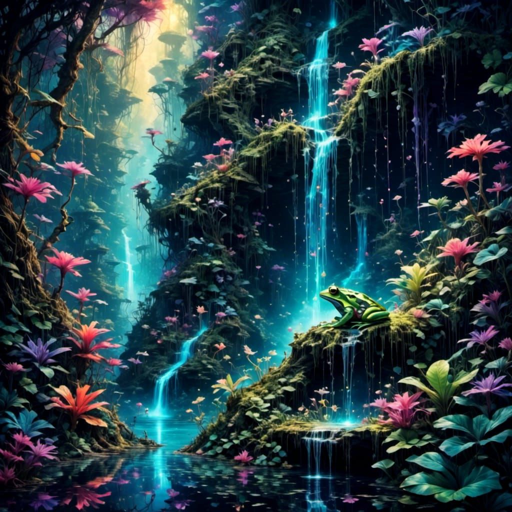 Luminous Frog-Shaped Waterfall, Tropical Jungle, and Rainbow...