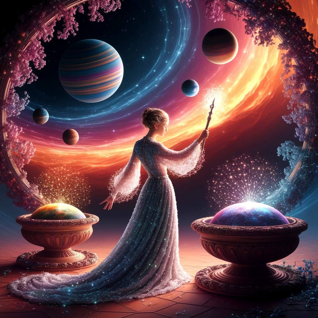 A cosmic gardener tending to a nebula garden, with planets as pots and stars as seeds. The gardener wears robes woven from stardust and uses...