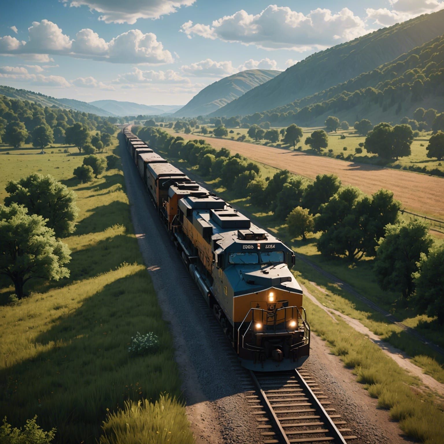 A freight train riding through the countryside