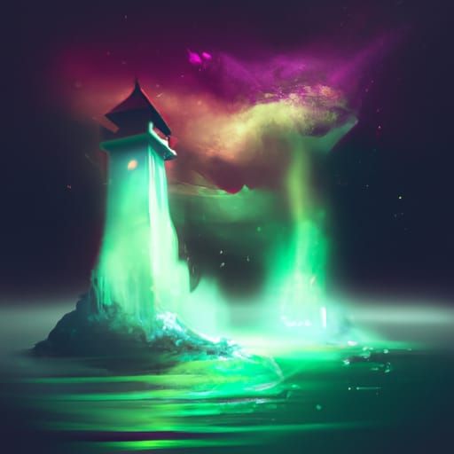 A lighthouse over an aurora borealis ocean at night