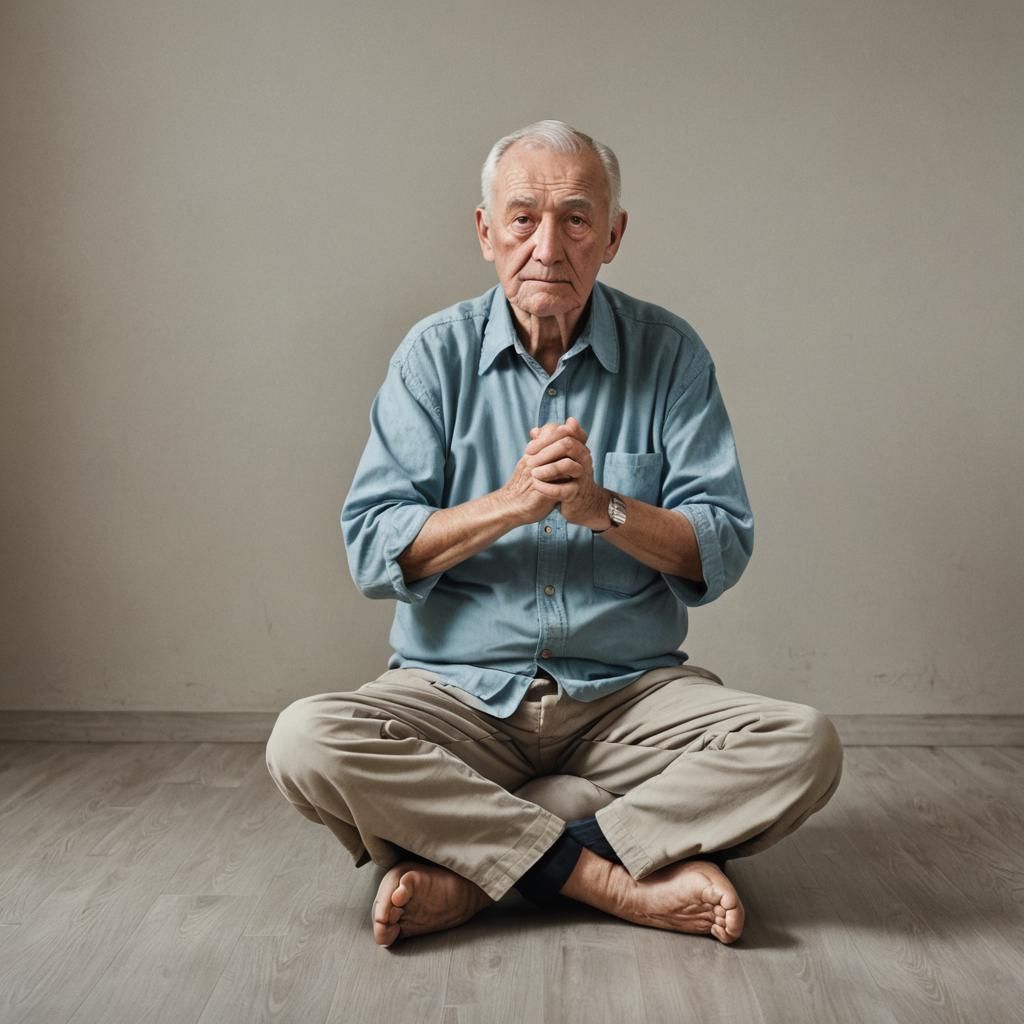 elderly man sitting cross-legged on the floor