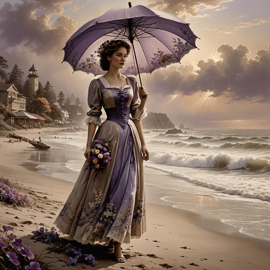 a image in sepia style. black and white with some color. a lady with a sun umbrella on the beach with a 19th century light dress on. flowers...