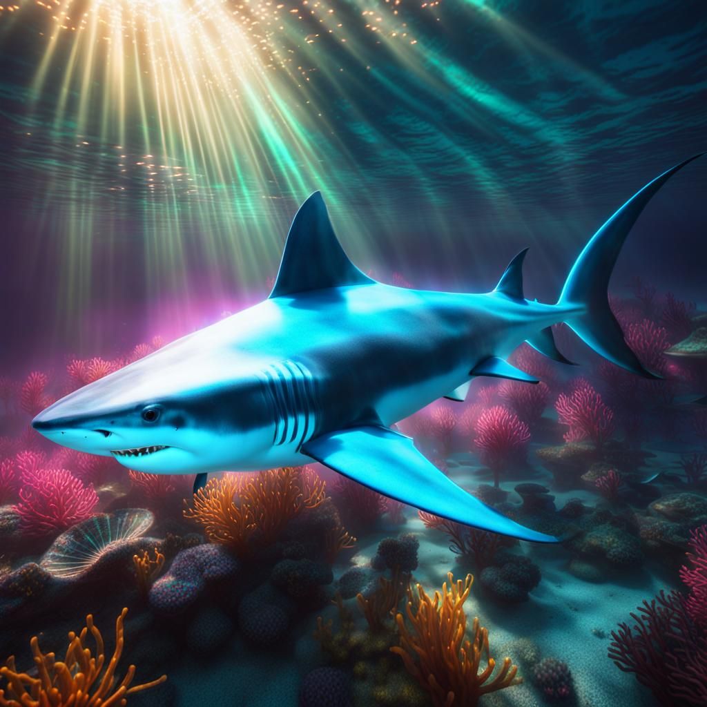 Underwater view of a huge fantastical glowing transparent glass shark swimming in the ocean. Surrounded ...  by @The Crazy One