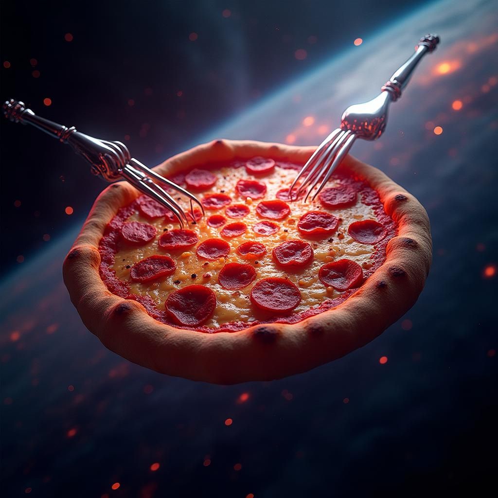 Glowing Pizza Served in Space, Cinematic Digital Art