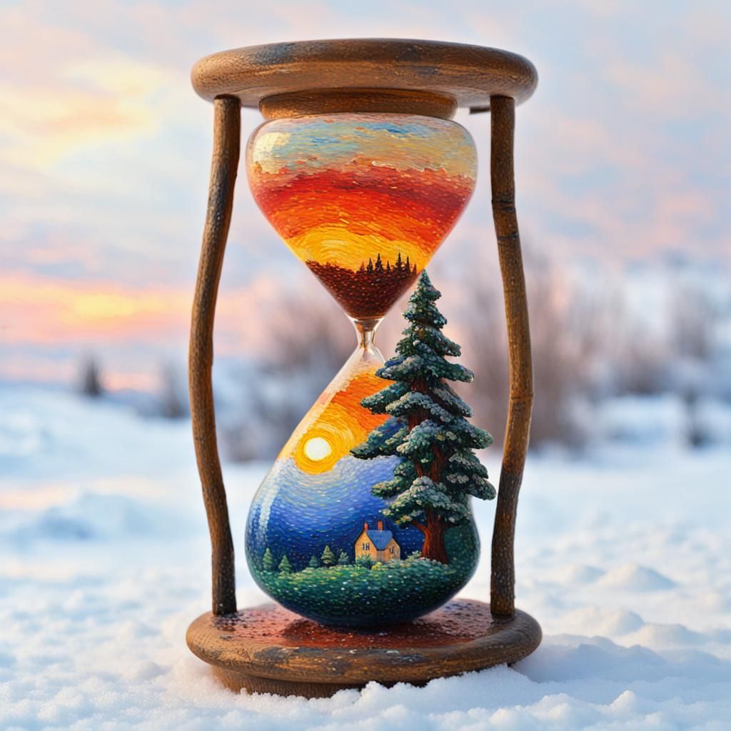 Hourglass Dividing Sunset and Blizzard: Neo-Impressionist Pa...